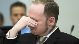 Anders Breivik sheds a tear as court views propaganda film he made, in Oslo on April 16, 2012.