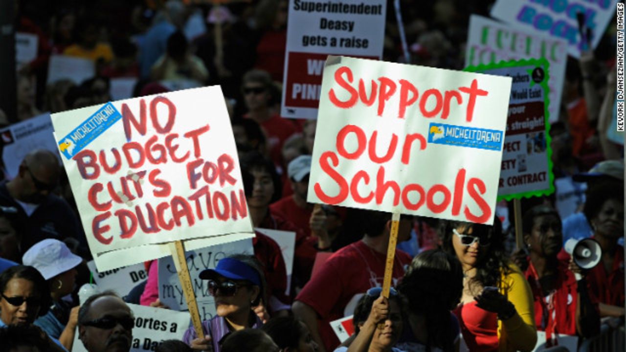Teachers participate in an education budget cut rally and protest at Pershing Square on May 13, 2011 in Los Angeles, California.