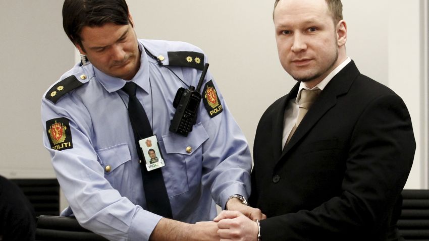 Rightwing extremist Anders Behring Breivik, who killed 77 people in twin attacks in Norway last year arrives in court on April 16, 2012, for his trial .