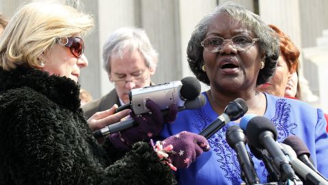 Betty Dukes talks to the press. She was the lead plaintiff in a 2011 class action suit accusing Wal-Mart of discriminating against women on wages and promotions. The Supreme Court said the case could not proceed as a large class action suit. 