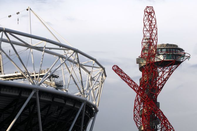 The Arcelor Mittal Orbit viewing platform seen next to the Olympic stadium. World-renowned sculptor Anish Kapoor designed the skyscraping sculpture that stands at 115 meters high. 