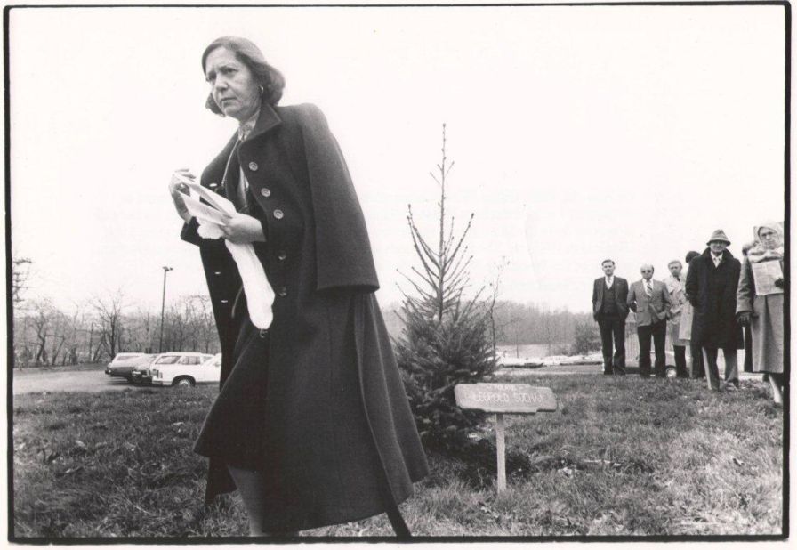 Halina Wind Preston walks away after dedicating a tree in memory of the Polish Catholic sewer worker Leopold Socha in the Garden of the Righteous Gentiles, in front of the Jewish Community Center, Wilmington, Delaware, on November  16, 1981.