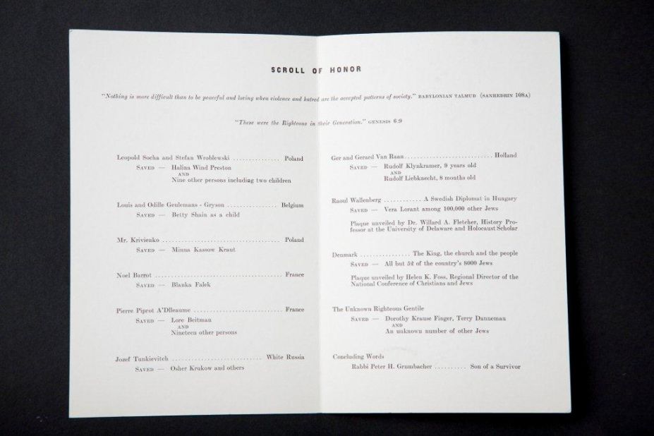 "Scroll of Honor" inside program, listing trees dedicated at the Garden of the Righteous Gentiles, Wilmington, Delaware, on November 16, 1981.  