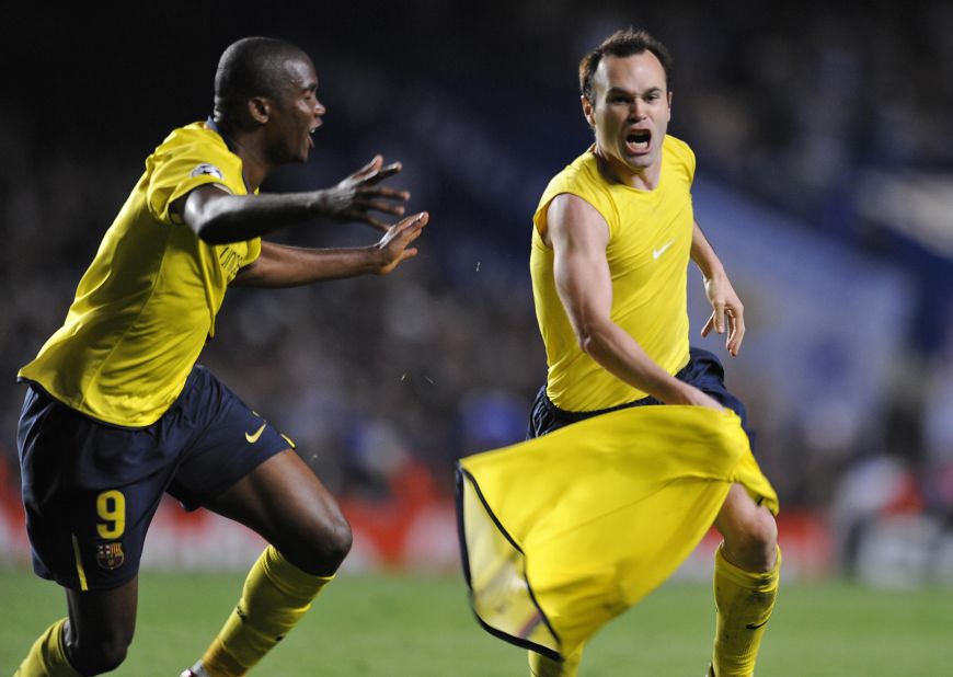 Eto'o (left) and then Barcelona teammate Andres Iniesta celebrate after sealing qualification for the 2009 Champions League final with a late second-leg equalizer at Chelsea. It would be the second of his three European titles.