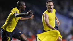Andres Iniesta, right, celebrates after scoring in the final moments of the 2009 European Champions League semifinal against Chelsea. 