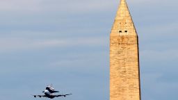 Space shuttle Discovery, mounted atop a 747 shuttle carrier aircraft, goes by the Washington Monument during a flyover of the nation's capital on its trip to retirement Tuesday, April 17. The flight -- the last time Discovery will be aloft -- took it from Florida's Kennedy Space Center to the Washington area, where it will spend retirement as a museum piece at an annex to the Smithsonian National Air & Space Museum in Chantilly, Virginia, near Dulles International Airport.