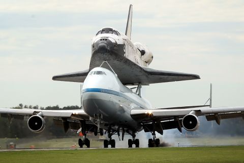 Shuttle Discovery lands at Washington Dulles International Airport in Chantilly.