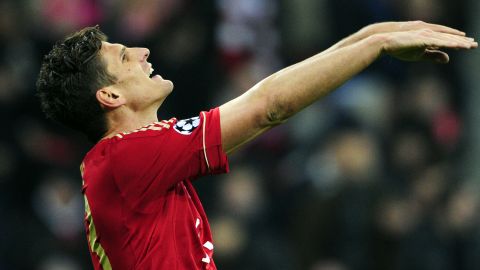 Mario Gomez celebrates his winning goal for Bayern Munich in their semifinal first leg match against Real Madrid.