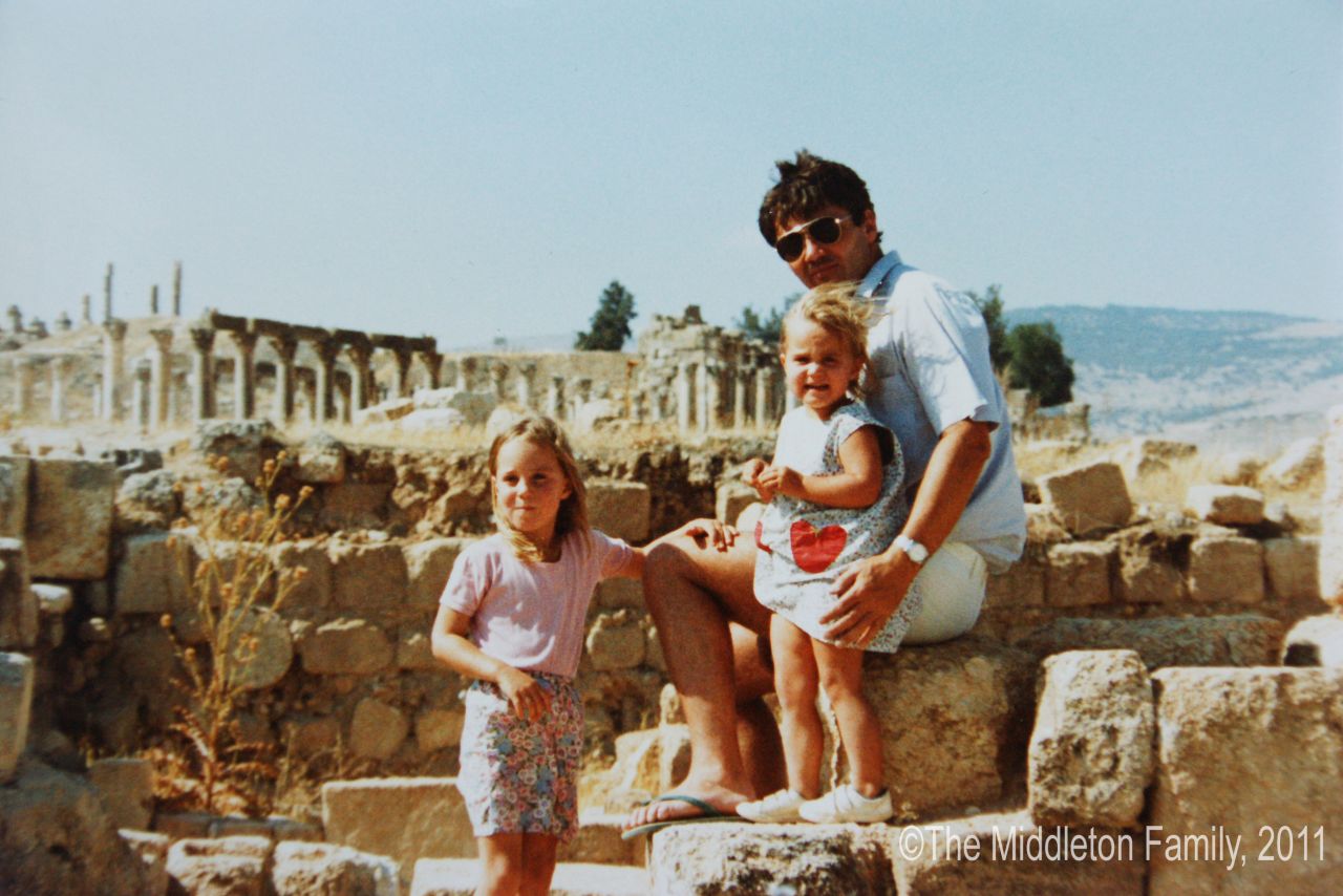 Pippa Middleton pictured with her sister Kate, left, and father Michael, in Jerash, Jordan. The Middleton family lived in Amman, Jordan for two and a half years.