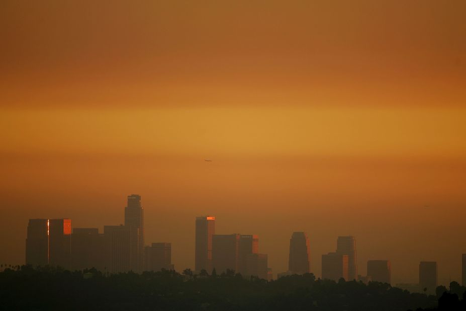 The downtown skyline of Los Angeles is enveloped in smog shortly before sunset. Ozone is a major component of smog. 