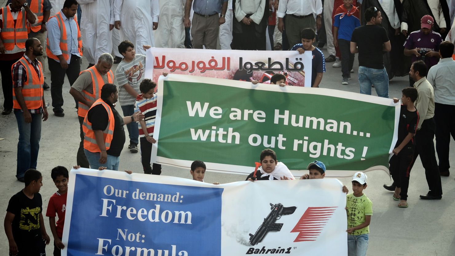 Protestors in the northern town of Al Dair show their opposition to the upcoming Formula One Bahrain Grand Prix 