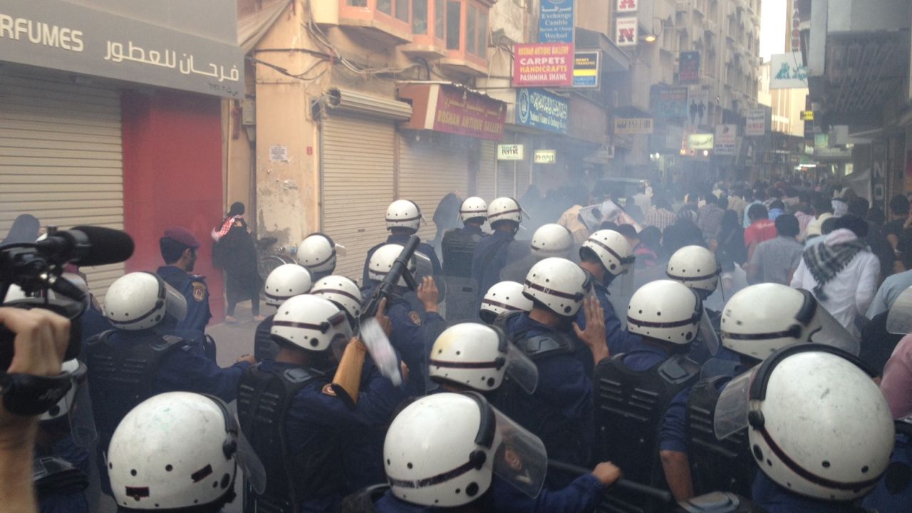 Police in Manama Wednesday push out protesters supporting jailed hunger striker Abdulhadi al-Khawaja.