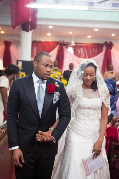 A bride and her husband at a Nigerian wedding. Nigerian weddings are becoming increasingly extravagant affairs.