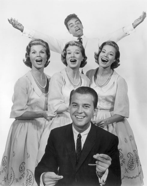 Clark, front,  with the McGuire Sisters and Johnny Mathis circa 1955.  