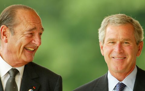 All smiles as French President Jacques Chirac meets U.S. President George W. Bush in June 2003, but tensions over Iraq damaged the relationship.