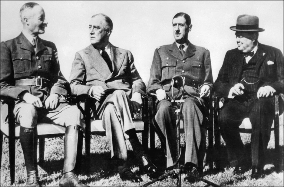 U.S. President Franklin D. Roosevelt, second left, had a difficult relationship with French General Charles de Gaulle, pictured on his left in January 1943 during the Casablanca conference.