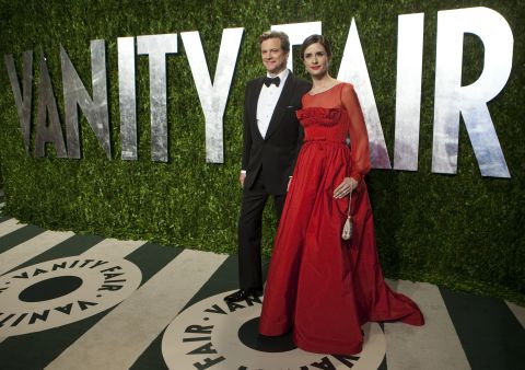 Firth and husband Colin attend this year's Vanity Fair Oscars party. Her gown is made from silk and fabric made from recycled plastic bottles. 