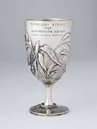Breal's silver cup -- presented at the first modern Olympic Games in 1896 -- has sold at auction for £541,000. The cup is just 15 centimetres high but beautifully decorated in the art nouveau style.