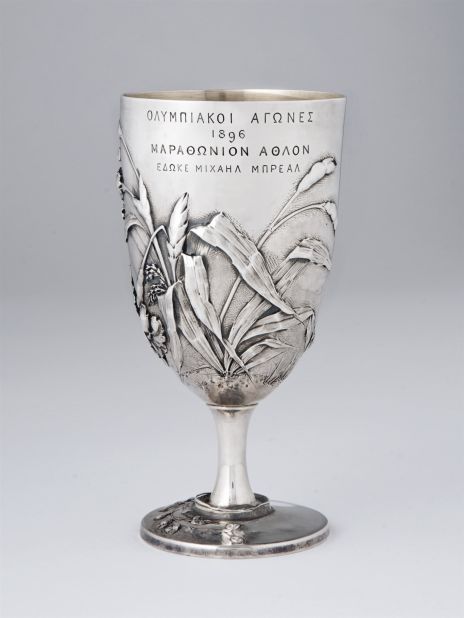 Breal's silver cup -- presented at the first modern Olympic Games in 1896 -- has sold at auction for £541,000. The cup is just 15 centimetres high but beautifully decorated in the art nouveau style.