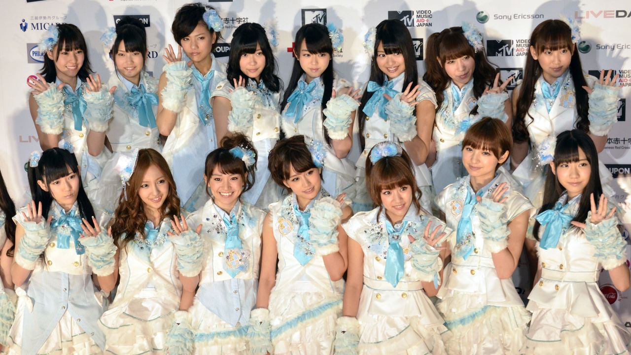 Japanese all-girl pop group AKB48. The music industry is clamping down on illegal downloads.
