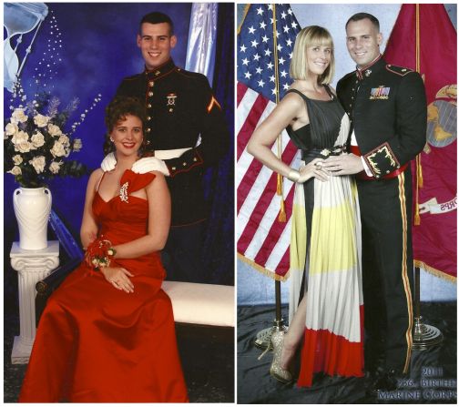 Katherine Steele married her prom and Marine Ball date in 1997. They are pictured here together at the Marine Corps. Air Station 236th Birthday Ball in 2011. "When you go to prom with someone I dont think the chances of staying married are very high," she said. "I can pull out these photos and show the kids and say look at how much we've gone through."