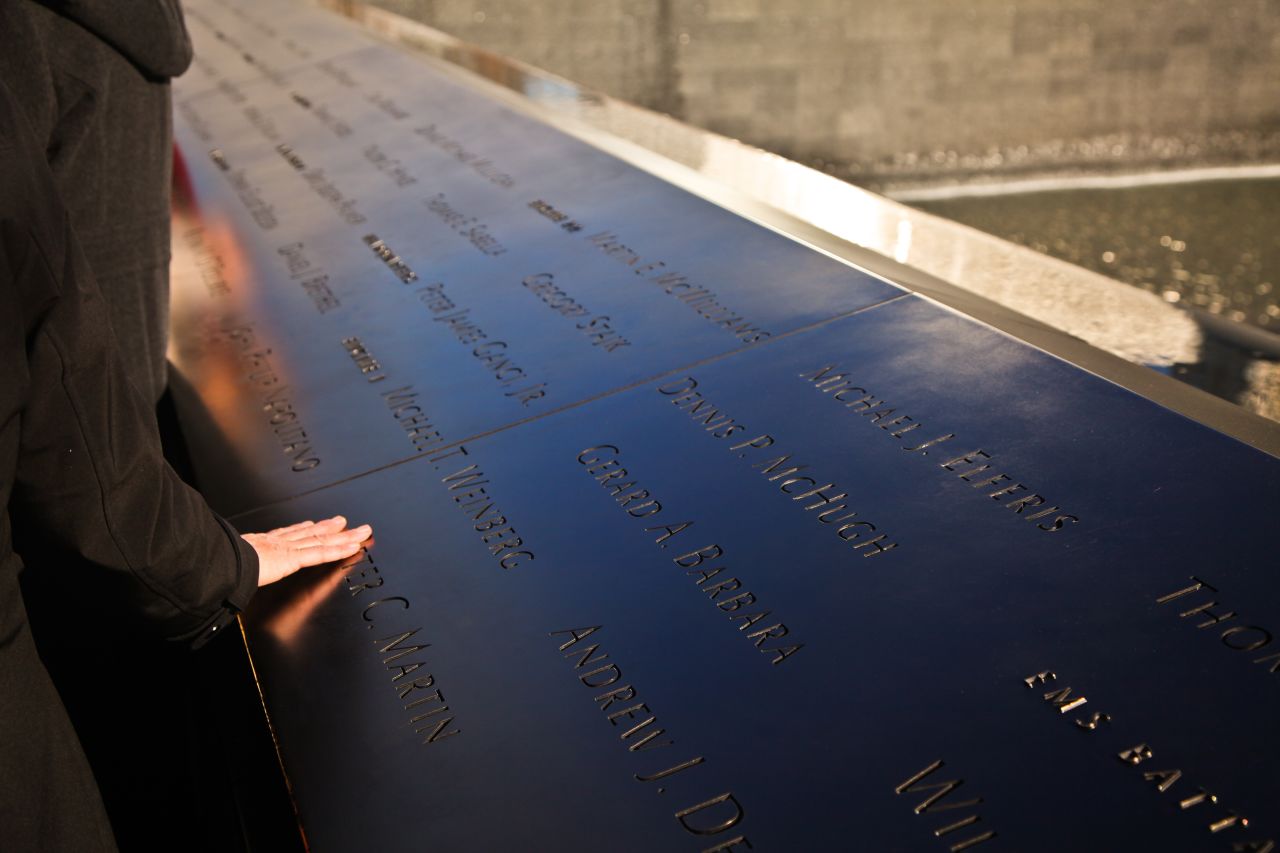 The names of the nearly 3,000 victims killed in the World Trade Center attacks of September 11, 2001, and February 26, 1993, are inscribed on bronze parapets surrounding the two memorial pools.