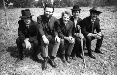 Left to right: Richard Manuel, Garth Hudson, Levon Helm, Robbie Robertson and Rick Danko pose during a "Music From Big Pink" session.