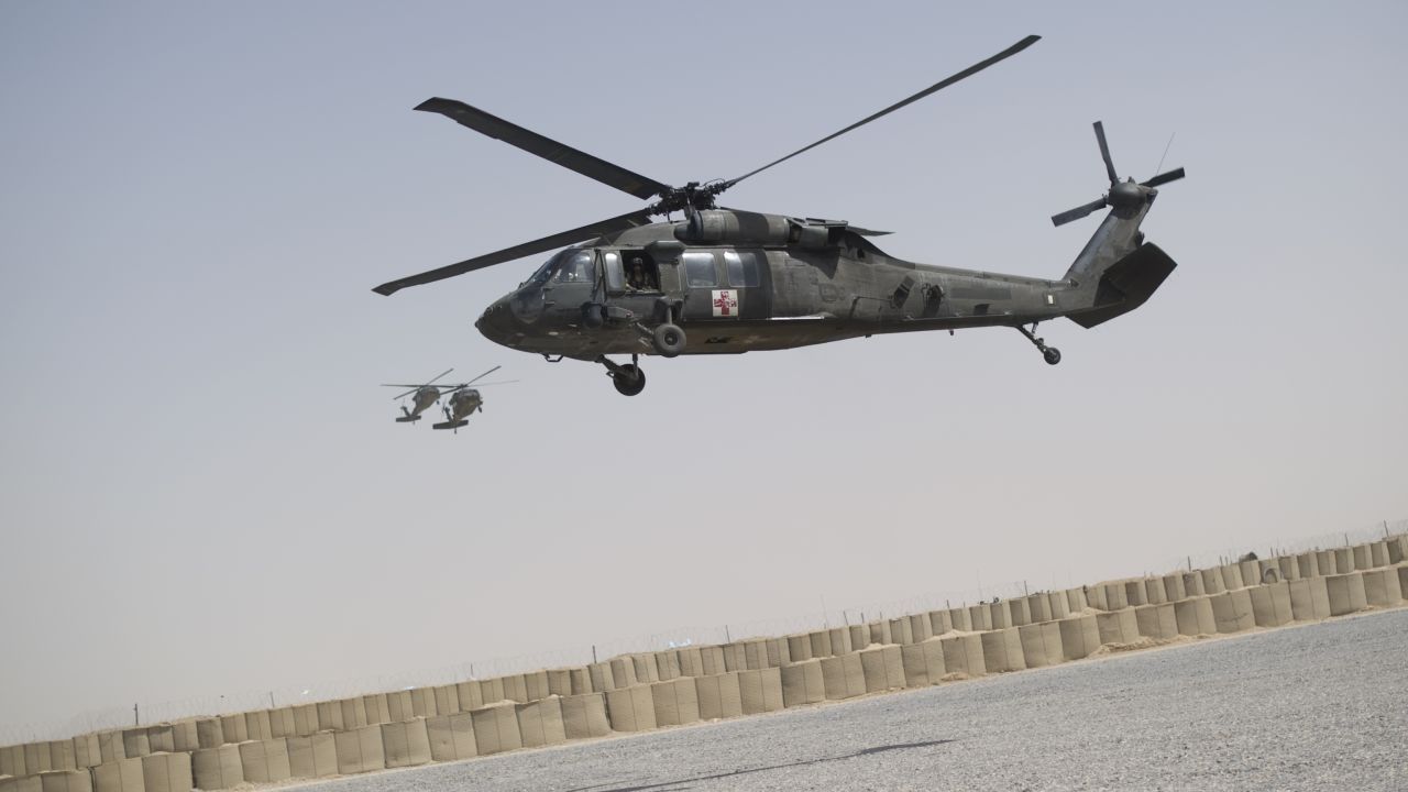 A UH-60 Black Hawk medevac helicopter of 159th Brigade Task Force Thunder lands at FOB Pasab in Kandahar province on August 22, 2011.
