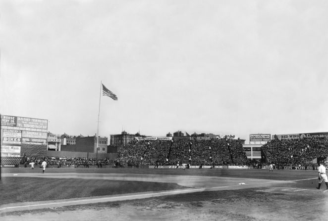 General view of Boston's Fenway Park in 1912 shows stands full of fans.