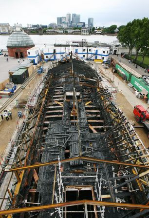 The charred remains of the Cutty Sark after it was severely damaged by a fire in 2007.