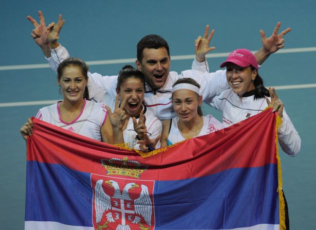 Serbia will make history when they compete in a Fed Cup final four tie for the first time. Here the team (L-R) Bojana Jovanovski, Natalija Kostic, captain Dejan Vranes, Aleksandra Krunic and Jelena Jankovic celebrate after winning the Fed Cup tie against Belgium in Charleroi in February.