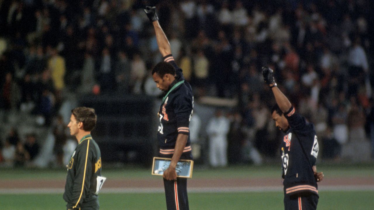 Peter Norman (left), Tommie Smith (center) and John Carlos at the 1968 Mexico Olympics.