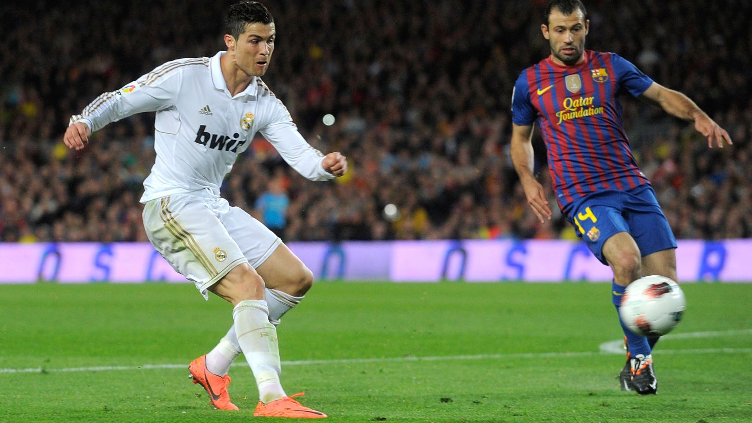 Cristiano Ronaldo, left, moved ahead of Lionel Messi with his 42nd league goal this season on Saturday. 