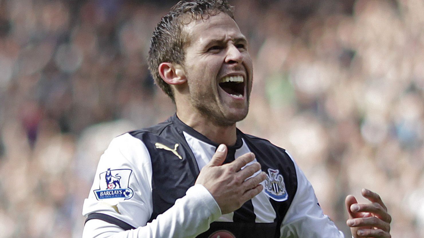 Newcastle United's French midfielder Yohan Cabaye celebrates after scoring his second goal against Stoke City.