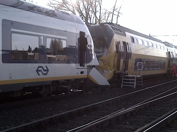At least 125 people were injured when two passenger trains collided in Amsterdam on Saturday, April 21, 2012, national police said.