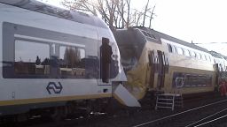 At least 125 people were injured when two passenger trains collided in Amsterdam on Saturday, April 21, 2012, national police said. 