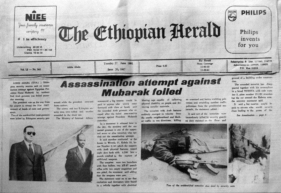 The front page of the Ethiopian Herald reports a foiled assassination attempt on Mubarak on June 27, 1995. He survived an attempt by an al Qaeda-affiliated group in Addis Ababa, Ethiopia.