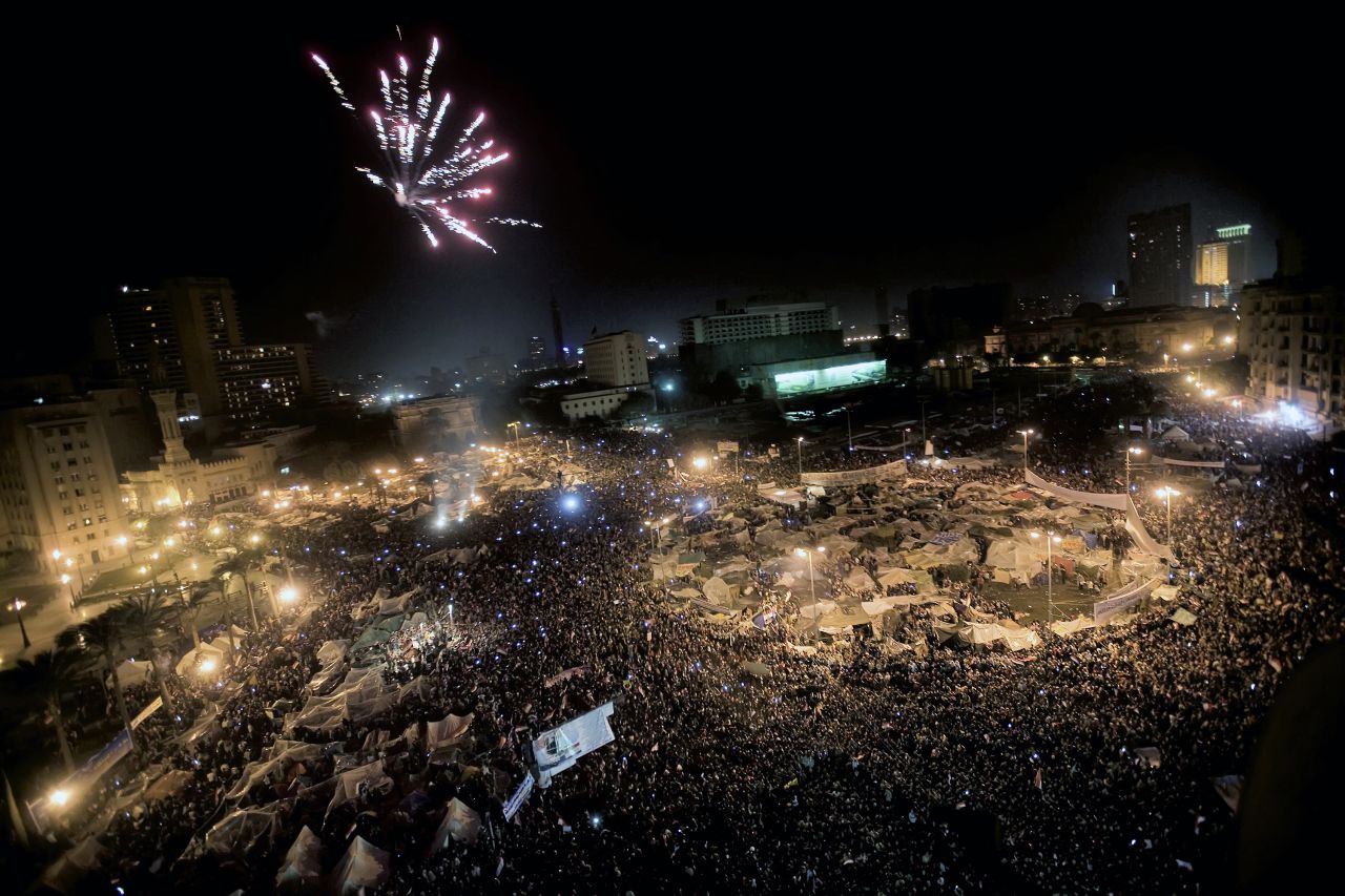After weeks of Egyptians protesting Mubarak's 29-year reign, the President steps down from office on February 11, 2011, causing celebrations in Cairo's Tahrir Square.