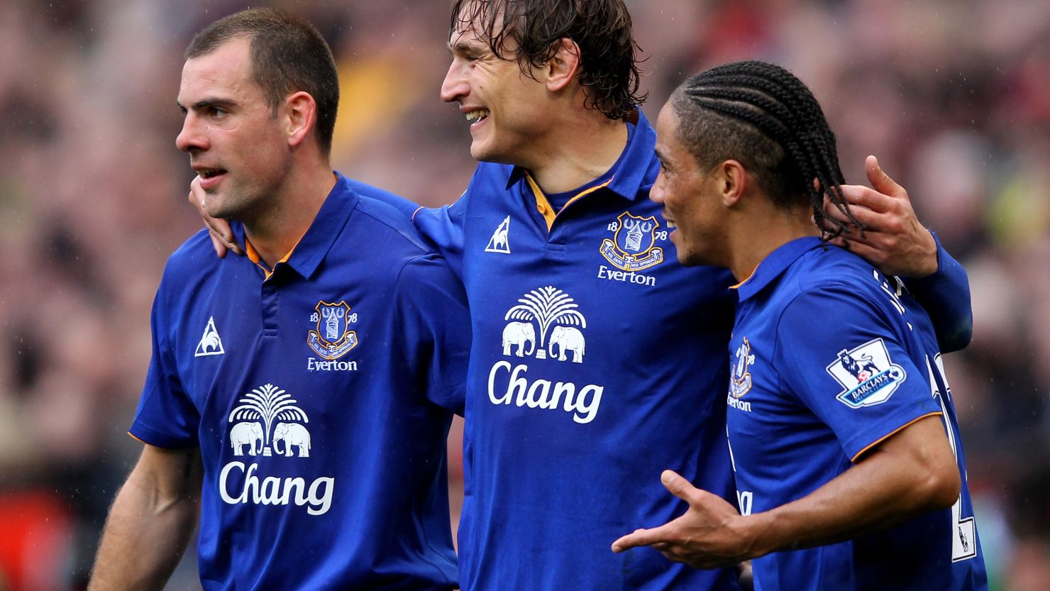Everton's players celebrate as they battled to a 4-4 draw at Old Trafford against Manchester United.