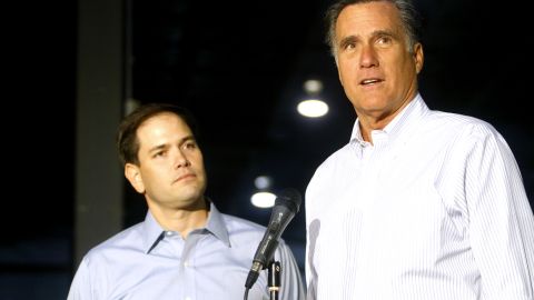 Presumptive GOP presidential nominee Mitt Romney, right, was joined on the campaign trail Monday by GOP Sen. Marco Rubio.