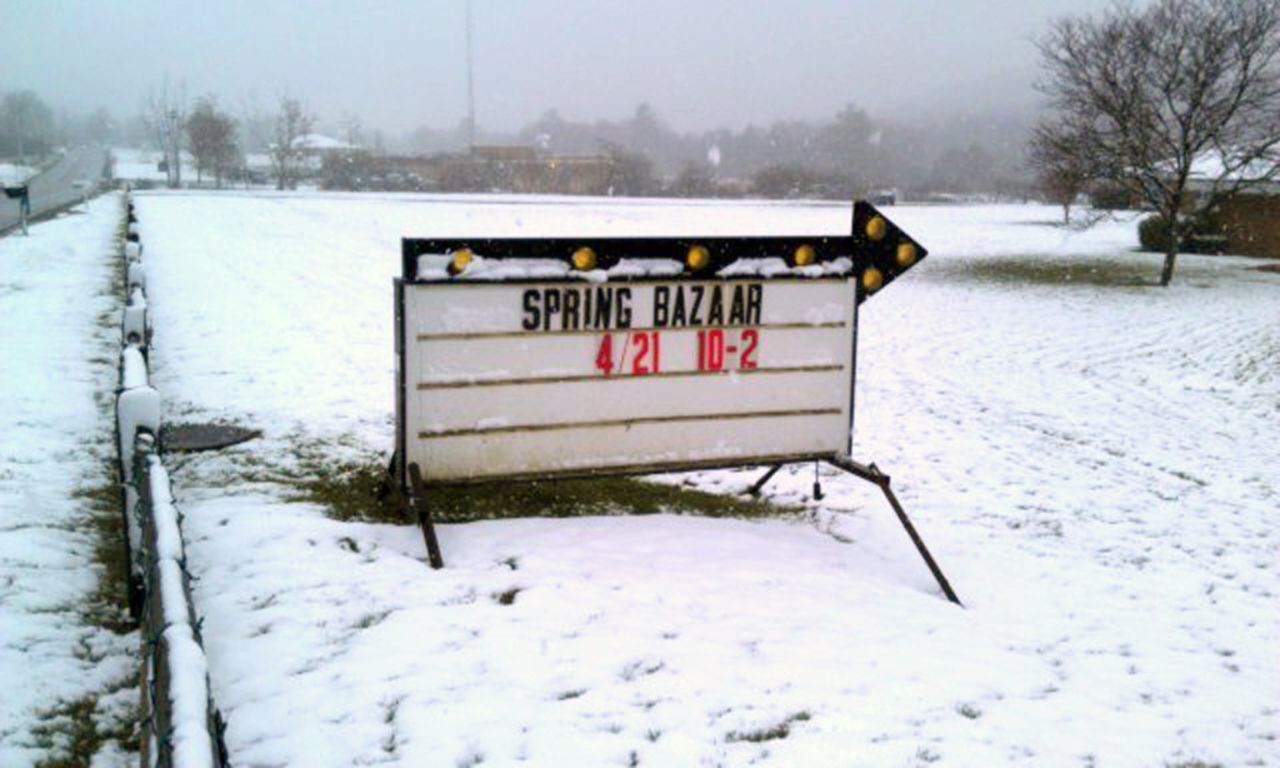 CNN iReporter Quinten Johnson came across this sign while driving through Smethport, Pennsylvania. "Everyone put away their shovels and snow plows and got out their lawnmowers, and it is snowing," he says. 
