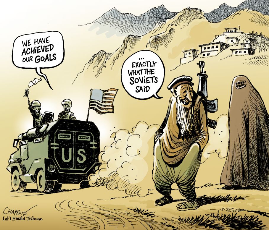 "This cartoon tries to illustrate the sad irony of an unchanged situation after years of war. It illustrates the idea that big powers come and go, but nothing changes in Afghanistan."