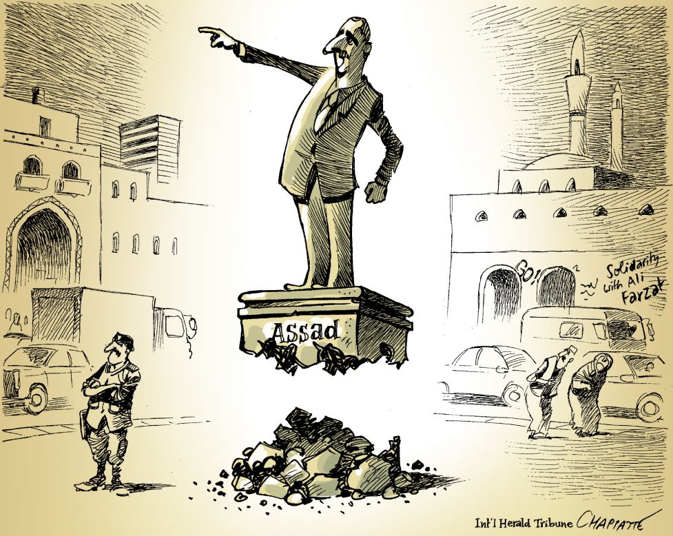 "Only a cartoon allows for an image like this, which defies gravity. The cartoon language can convey a message lightly. And you can interpret it in two ways: 'he's still standing' or 'his credibility is eroded and he'll be out soon.' You don't need to explain, you see the cartoon and feel it."