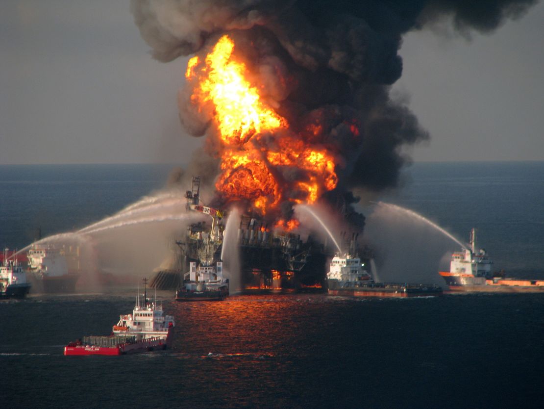 The US Coast Guard battles the blazing remnants of the offshore oil rig Deepwater Horizon in the Gulf of Mexico on April 21, 2010, near New Orleans, Louisiana.