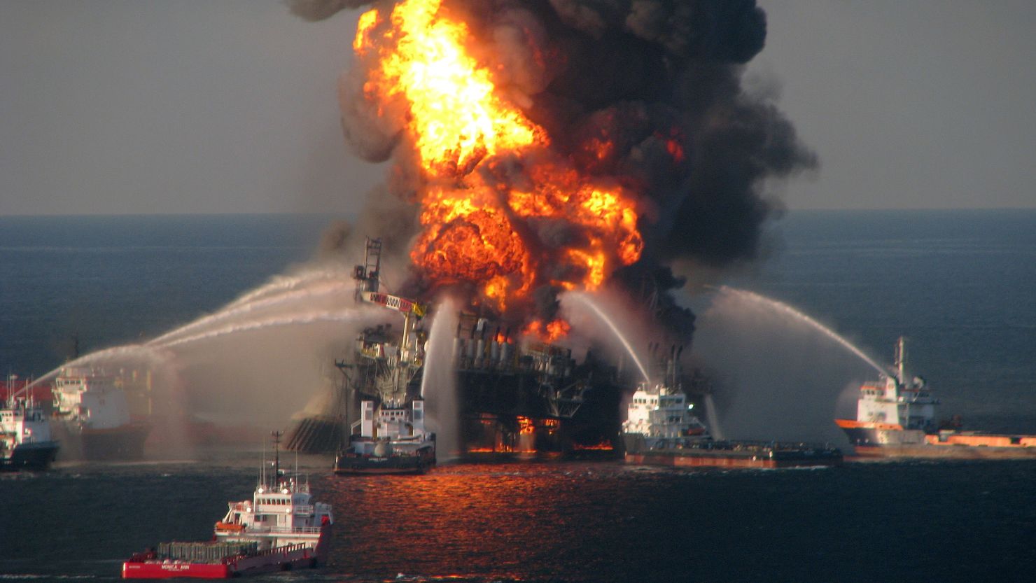 Fire boat response crews battle the blazing remnants of the off shore oil rig Deepwater Horizon on April 21, 2010.