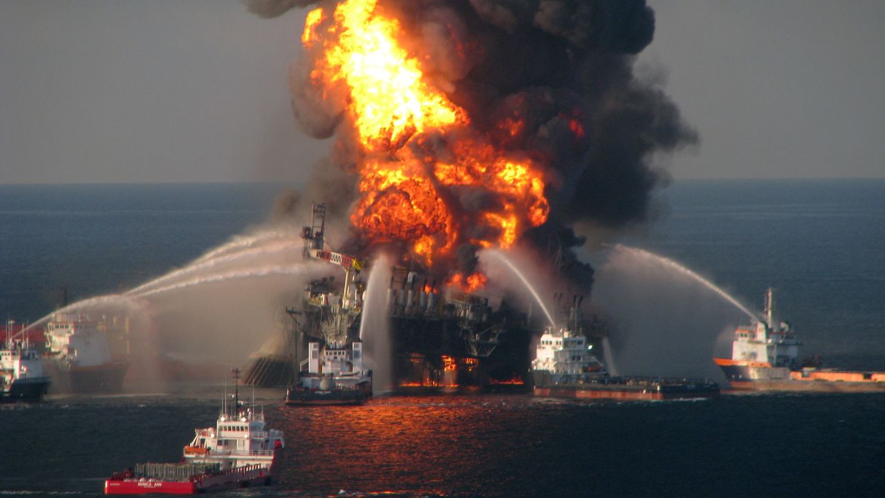 Fire boat response crews battle the blazing offshore oil rig Deepwater Horizon in the Gulf of Mexico in 2010.