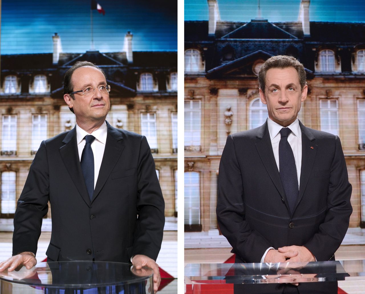 This composite photo shows candidates for the French presidency, Francois Hollande, left, and incumbent  Nicolas Sarkozy.
