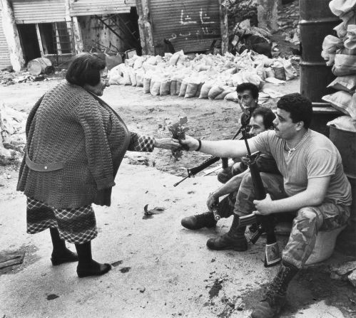 He says he has always been primarily interested in taking pictures of people and "capturing moments of humanity" -- such as this striking exchange from 1978 between a Lebanese soldier and a woman in war-torn Beirut. 