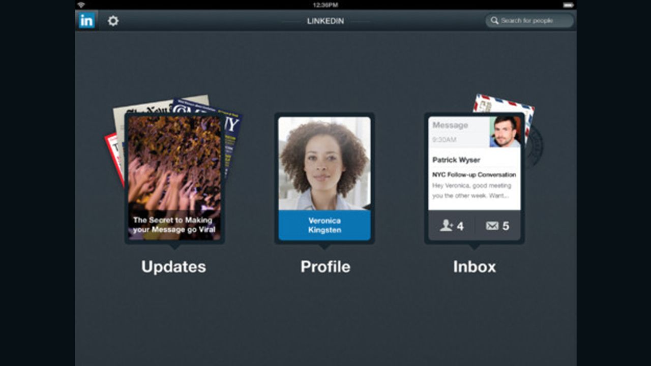 The app's main screen is a clean, simple interface with just three options: updates, profile and inbox.