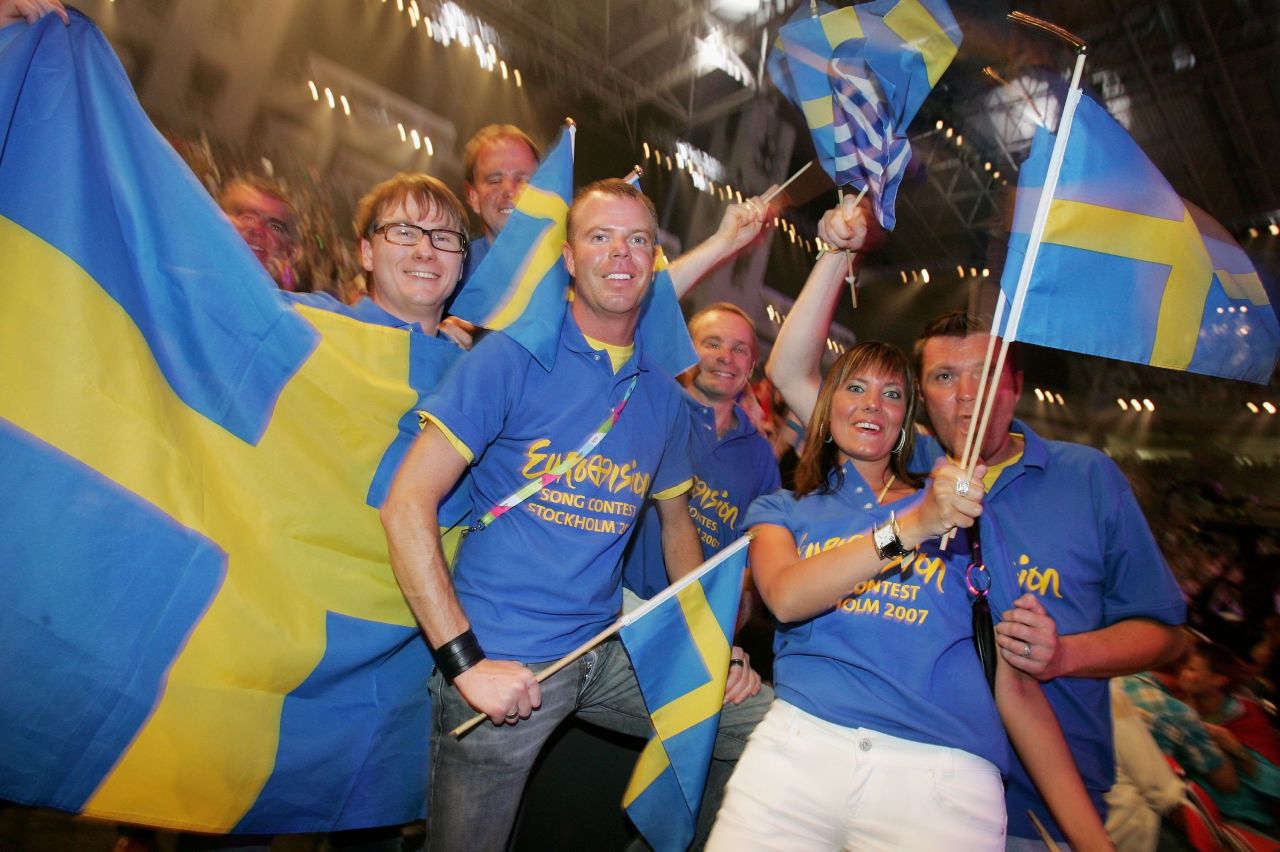Dedicated Swedish fans attend the finals of Eurovision 2006 in Athens, Greece, the year that Swedish singer Carola Haggkvist finished fifth. Sweden has won Eurovision four times, a record beaten only by Ireland (seven), France and the UK (five apiece). The Netherlands has also had four wins.